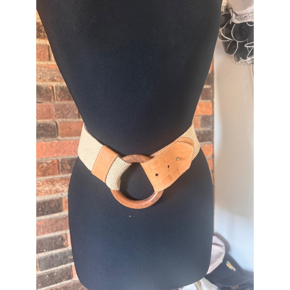 Vintage Boho Woven Waist Belt Beige Leather Wood Ring Buckle Wide Cinch Belt